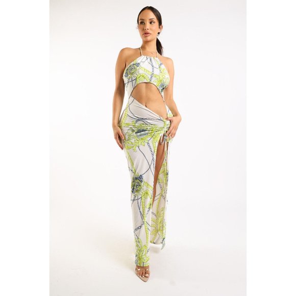 Boutique Dresses & Skirts - Women's Printed Halter Long Maxi Dress Strappy Sleeve Cut Out Front Sexy Cute